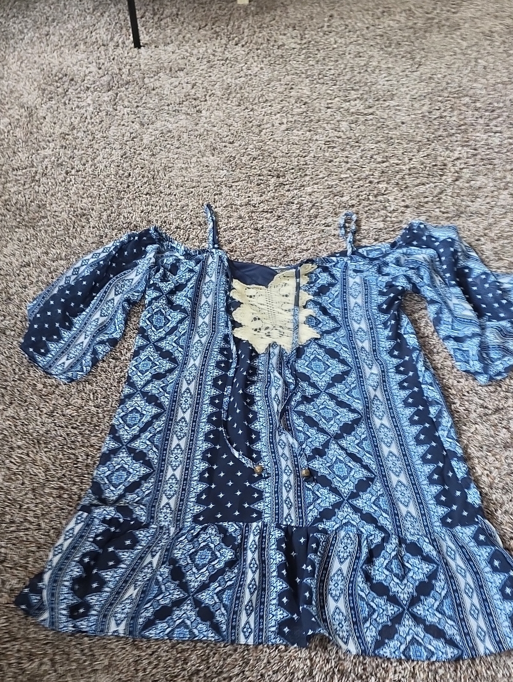 Byer California Navy and Light Blue Off-Shoulder Dress with Cream Crochet Panel